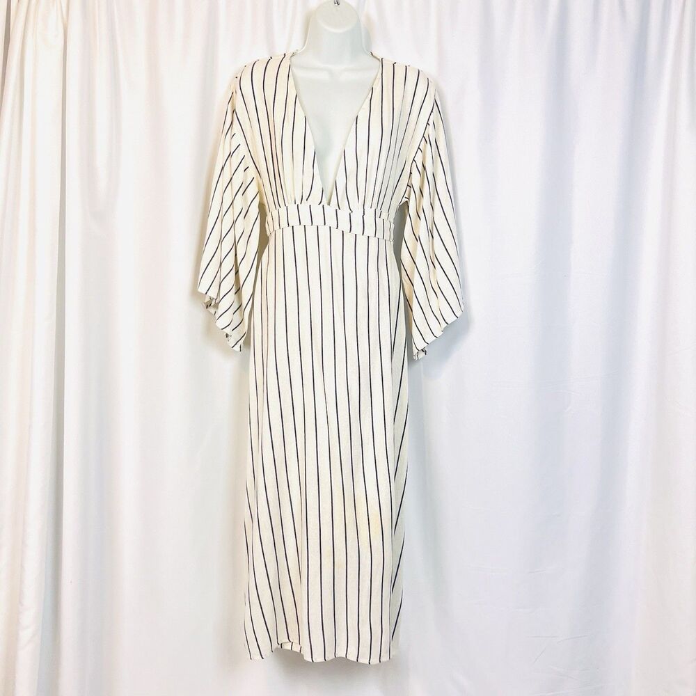 Billabong Striped Wrap Maxi Midi Dress Cream Navy Blue Tie Waist Boho S